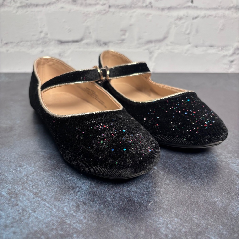 Crewcuts J.Crew Girls Black Velvet Glitter Mary Jane Flats Shoes Size 1